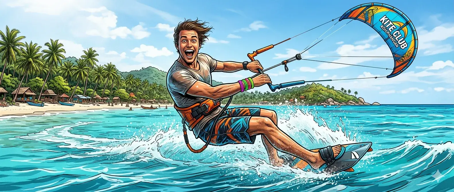 Kitesurfer riding waves at Koh Phangan lagoon with Kite Club kite