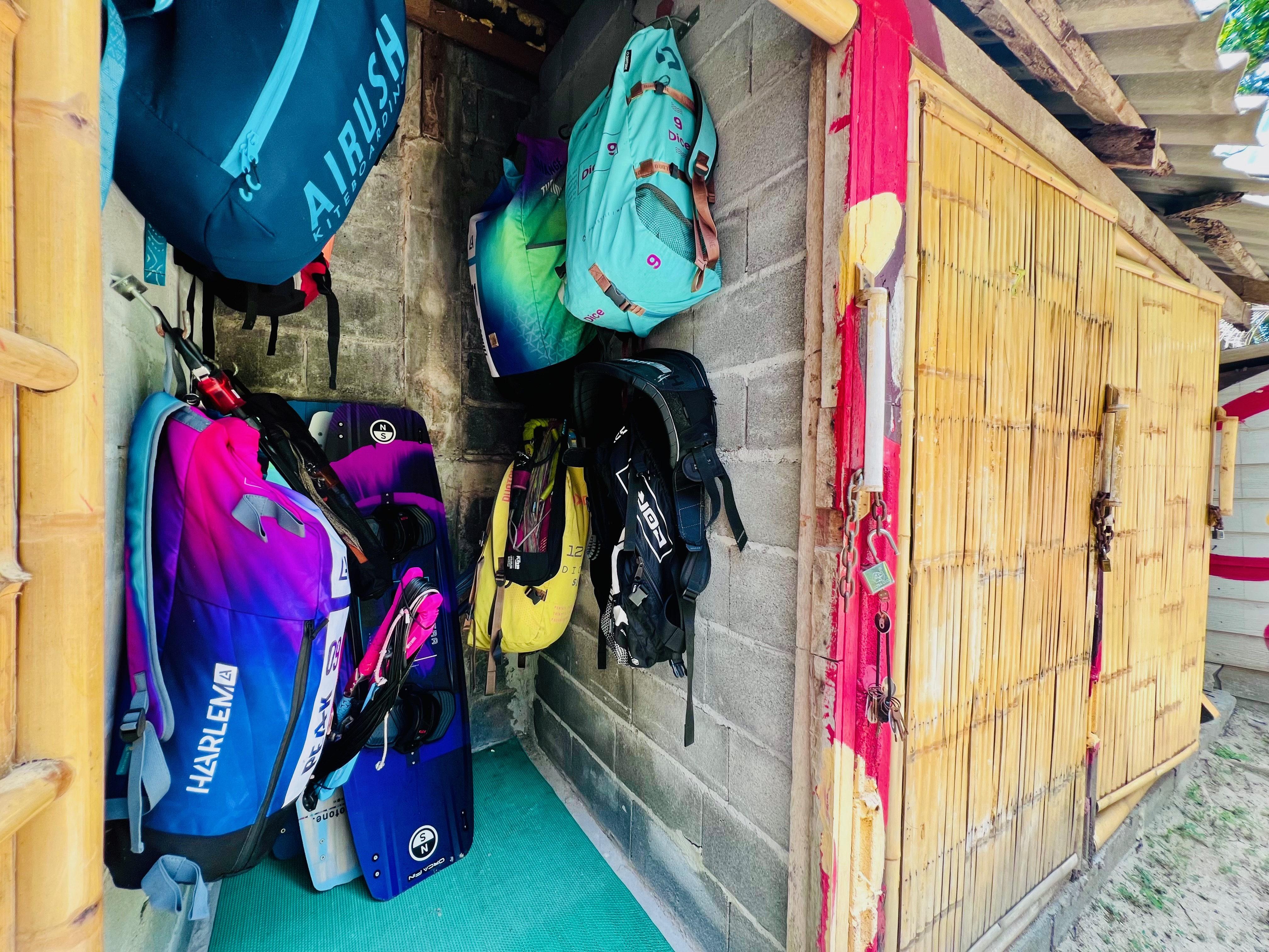 Kite storage facility at Koh Phangan — kites and boards stored securely at Thong Sala beach